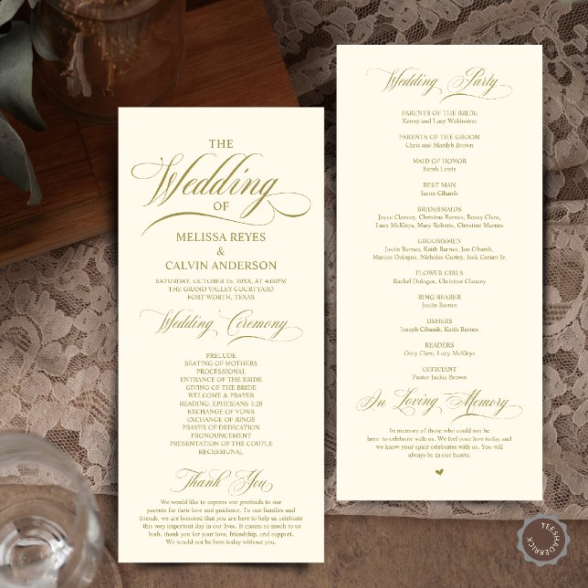 Elegante gold- und cremefarbene Schrift Hochzeitsz Programm (Elegant Cream and Grey Script Wedding Ceremony Order Program Card in Cream and Gold)