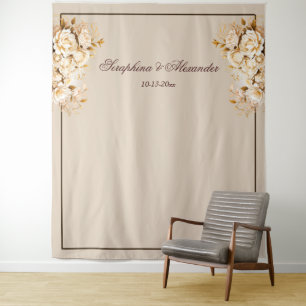 Elegante Gold- und Elfenblumen-Hochzeitskulisse Wandteppich