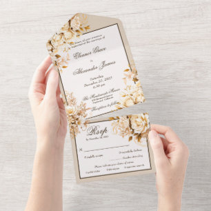 Elegante Gold- und Elfenblumenhochzeit All In One Einladung