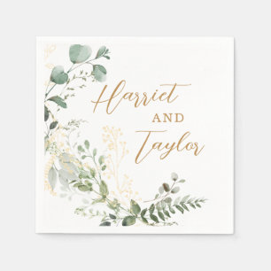 Elegante Gold- und Grün-Eukalyptus-Hochzeit Serviette