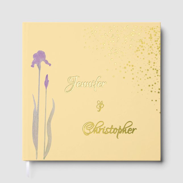 Elegante Gold- und hellviolette Wasserfarben-Iris- Gästebuch (Vorderseite)