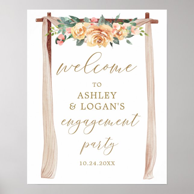 Elegante Gold- und Peach-Floral Engagement Party Poster (Vorne)