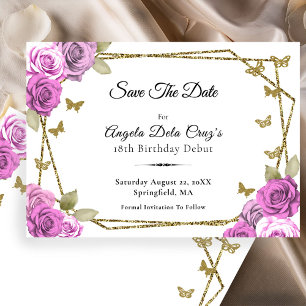 Elegante Gold- und rosa Rosen 18. Geburtstagsdebüt Save The Date
