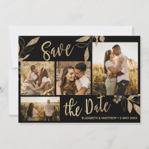 Elegante Gold- und Schwarz-Botanische FotoCollage Save The Date