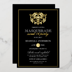 Elegante Gold- und Schwarz-Masquerade Sweet 16 Par Folieneinladung