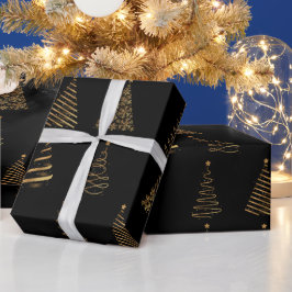 Elegante Gold- und Schwarze Weihnachtsbaumen Geschenkpapier