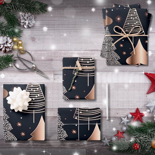 Elegante Gold- und Schwarze Weihnachtsbaumen Geschenkpapier Set (Von Creator hochgeladen)