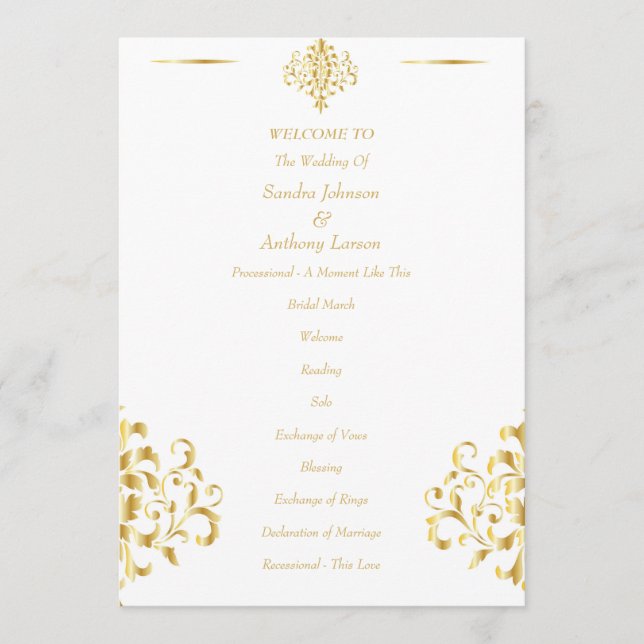 Elegante Gold- und Weiß-Damaskus-Hochzeit Programm (Vorderseite)