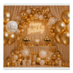 Elegante Gold- und Weiß-Geburtstagsballon-Kulisse Poster