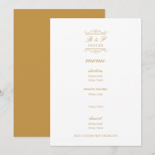 Elegante Gold- und Weiß-Monogramm-Hochzeitsmenükar
