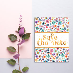 Elegante Gold- und weiße Wildblumen-Save-the-Date- Postkarte