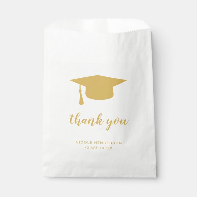 Elegante Gold- und White Graduation Cap Danke Geschenktütchen (Vorderseite)