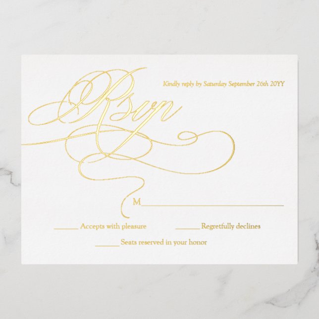 Elegante Gold- und White Modern Wedding RSVP-Karte Folie Einladungspostkarte (Vorderseite)