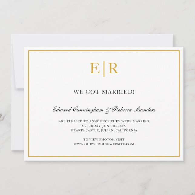 Elegante Gold- und White Monogram-Hochzeit Ankündigung (Vorderseite)