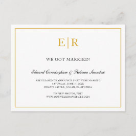 Elegante Gold- und White Monogram-Hochzeit Ankündigungspostkarte