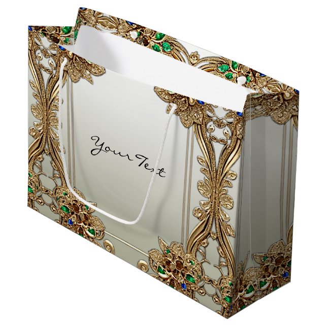 Elegante Gold Verzierte Geschenktasche Große Geschenktüte (Vorderseite Schrägansicht)