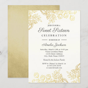 Elegante Gold Vintag Floral 16 . Geburtstag Einlad Einladung