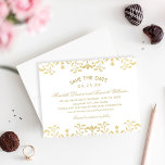 Elegante Gold Vintag Glamour Hochzeit Save The Date<br><div class="desc">Elegante Vintage inspirierte Hochzeit bewahren die Dattelankündigungen eines Champagner goldfarbenen verzierten dekorativen Grenzdesign,  das einen metallisch schimmernden Look hat. Die Option Luxe Pearl Shimmer Cardstock verstärkt das metallische Aussehen der Goldfarben.</div>