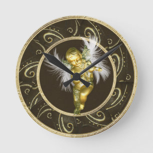 Elegante Gold Vintage Engel- und Violinenuhr Runde Wanduhr
