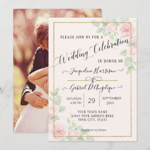 Elegante Gold-Wasserfarben-Blumen-Script-Hochzeits Einladung