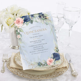 Elegante Gold Watercolor Blue Pink Quinceñera Einladung
