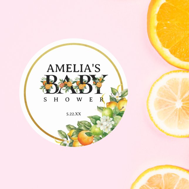 Elegante Gold Watercolor Citrus Baby Shower Sticke Runder Aufkleber (Von Creator hochgeladen)