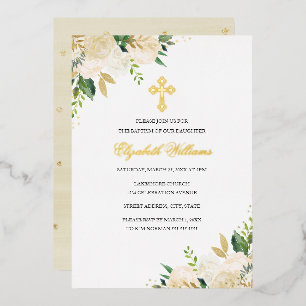 Elegante Gold Watercolor Floral Taufe Folieneinladung