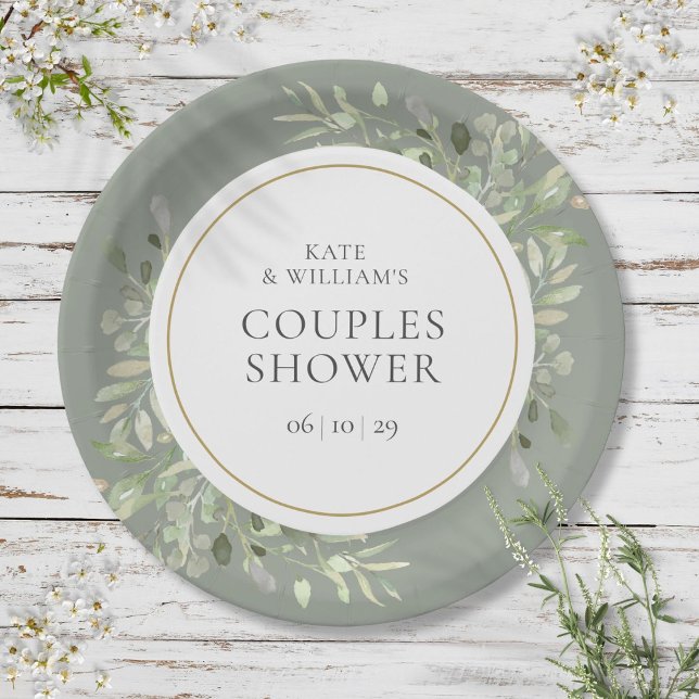 Elegante Gold Watercolor Grüne Paare Dusche Pappteller (Elegant Gold Watercolour Greenery Couples Shower Paper Plates)