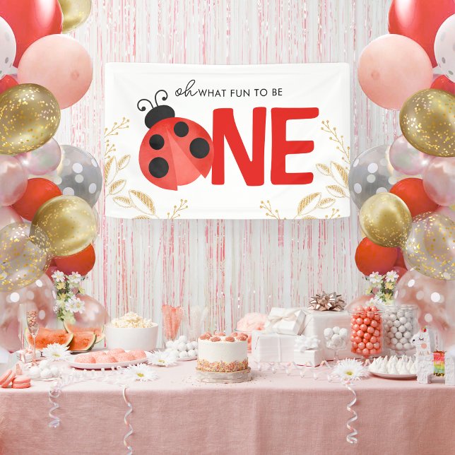 Elegante Gold & Watercolor Ladybug ONE Party Banner (Oh What Fun to Be One Watercolor Ladybug Hanging Vinyl 1st Birthday Banner With Gold Glitter Accents)