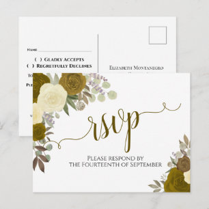 Elegante Gold Watercolor Rose Hochzeit RSVP Postkarte