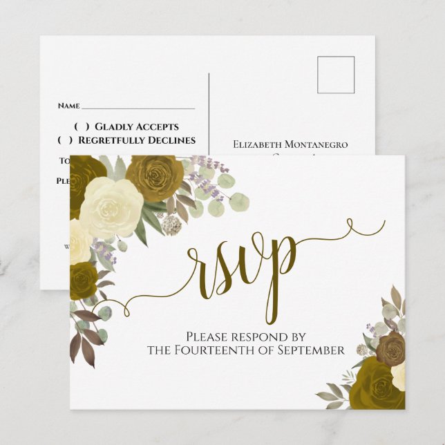 Elegante Gold Watercolor Rose Hochzeit RSVP Postkarte (Vorne/Hinten)