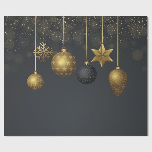 Elegante Gold Weihnachtsballs Dunkler Feiertag Geschenkpapier (Flach)