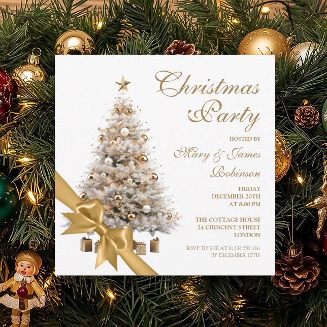 Elegante Gold Weihnachtsbaum & Bow Holiday Party Einladung (Elegant Gold Christmas Tree & Bow Holiday Party Invitation)