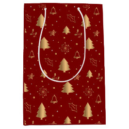 Elegante Gold Weihnachtsbäume und Glocken auf Rot Mittlere Geschenktüte