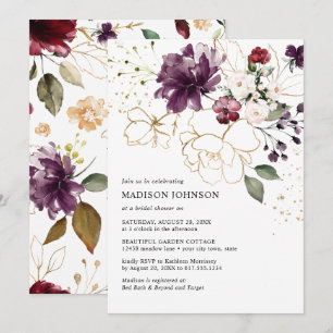 Elegante Gold-Wein-Burgunder-Blumen-Braut-Shower Einladung