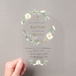 Elegante Gold Weiße Blumen Kreuz Taufe Acryleinladungen