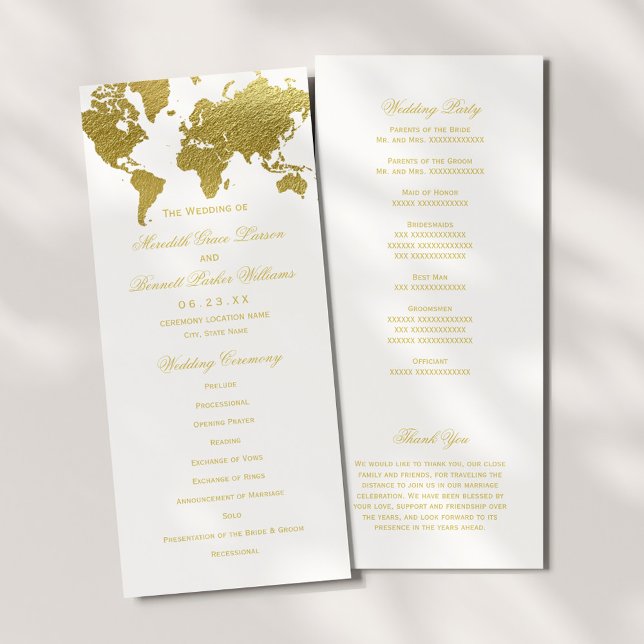 Elegante Gold Weltkarte Hochzeit Programm (Von Creator hochgeladen)