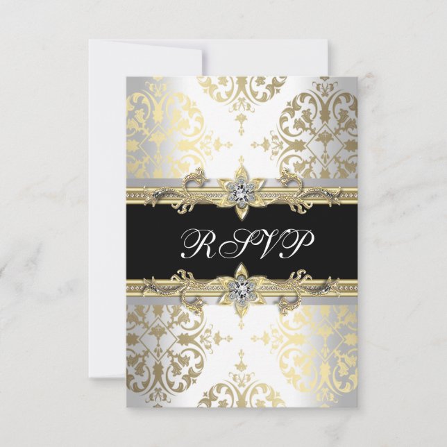 Elegante Gold White Black Damask UAWG RSVP Karte (Vorderseite)