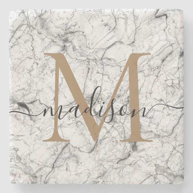 Elegante Gold White Marble Monogram Feminine Scrip Steinuntersetzer (Vorderseite)