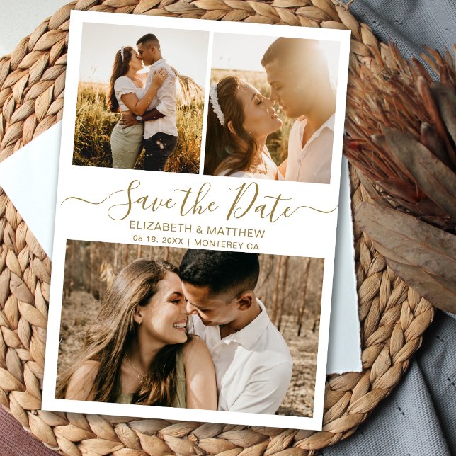 Elegante Gold White Script Foto Collage Hochzeit Save The Date (Von Creator hochgeladen)
