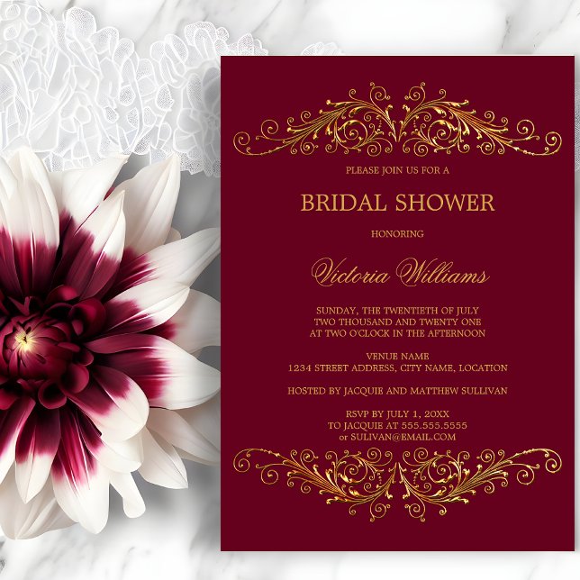 Elegante Gold Wirbel Burgund Weinkultur und Erde Einladung (Elegant gold swirls invitation front view.  Gold and burgundy bridal shower invitation.)