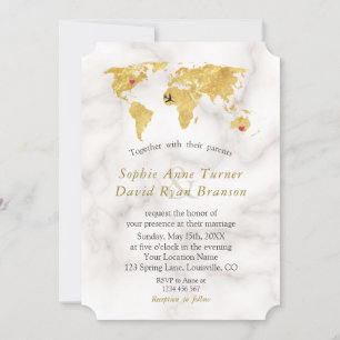 Elegante Gold World Map Hochzeit in Urlaubsort Einladung