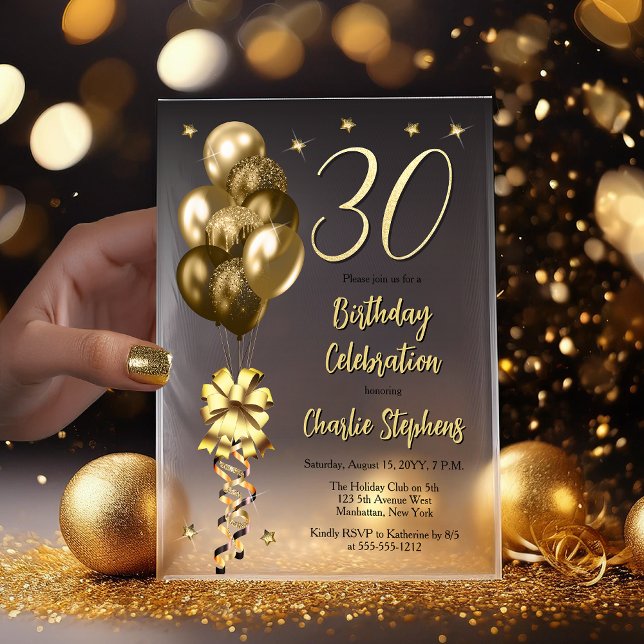 Elegante Goldballons im 30. Geburtstagsschwarz-Par (Elegant Faux Gold Glitter Accented Balloons on Fade to Black Backing 30th Birthday Vellum Invitation)