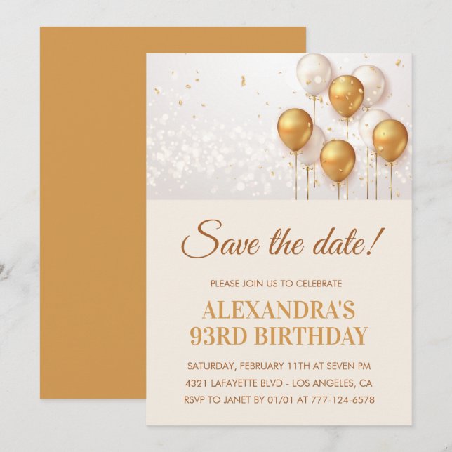 Elegante Goldballons Save the Date 93. Geburtstag Einladung (Vorne/Hinten)