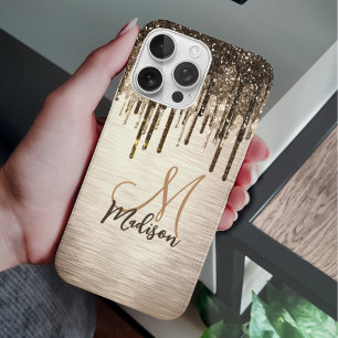 Elegante goldbraune Tropfen Glitzer Monogramm iPhone 16 Pro Hülle