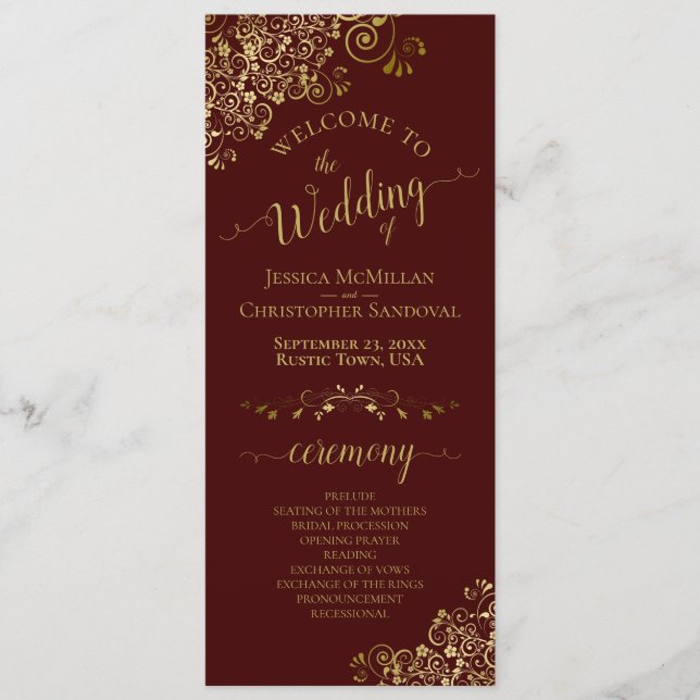 Elegante Goldcurls auf Auburn Brown Wedding Programm (Vorderseite)