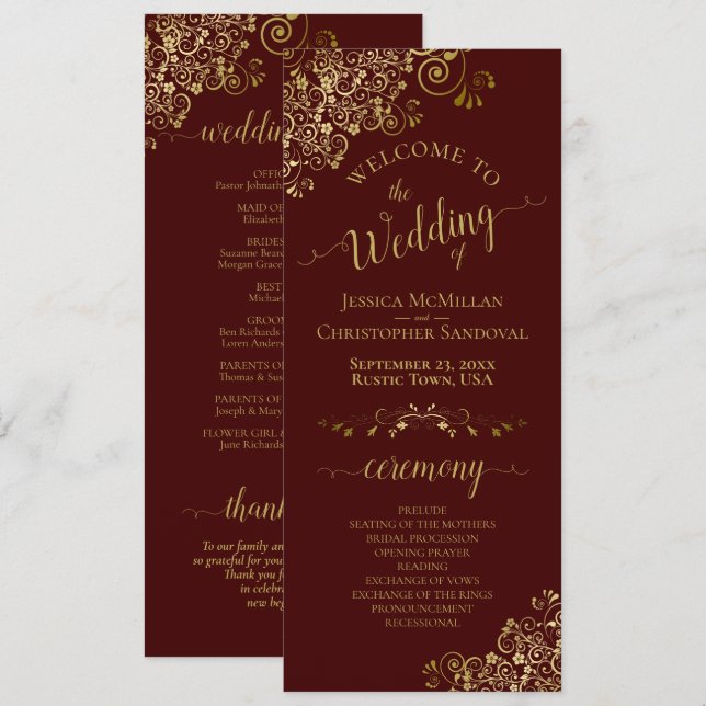 Elegante Goldcurls auf Auburn Brown Wedding Programm (Vorne/Hinten)