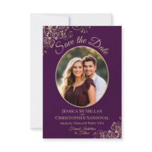 Elegante Goldcurls Oval Foto Plum Lila Hochzeit