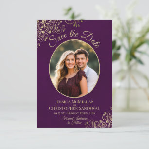 Elegante Goldcurls Oval Foto Plum Lila Hochzeit Save The Date
