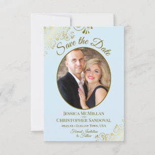 Elegante Goldcurls Oval Foto Powder Blue Wedding Save The Date